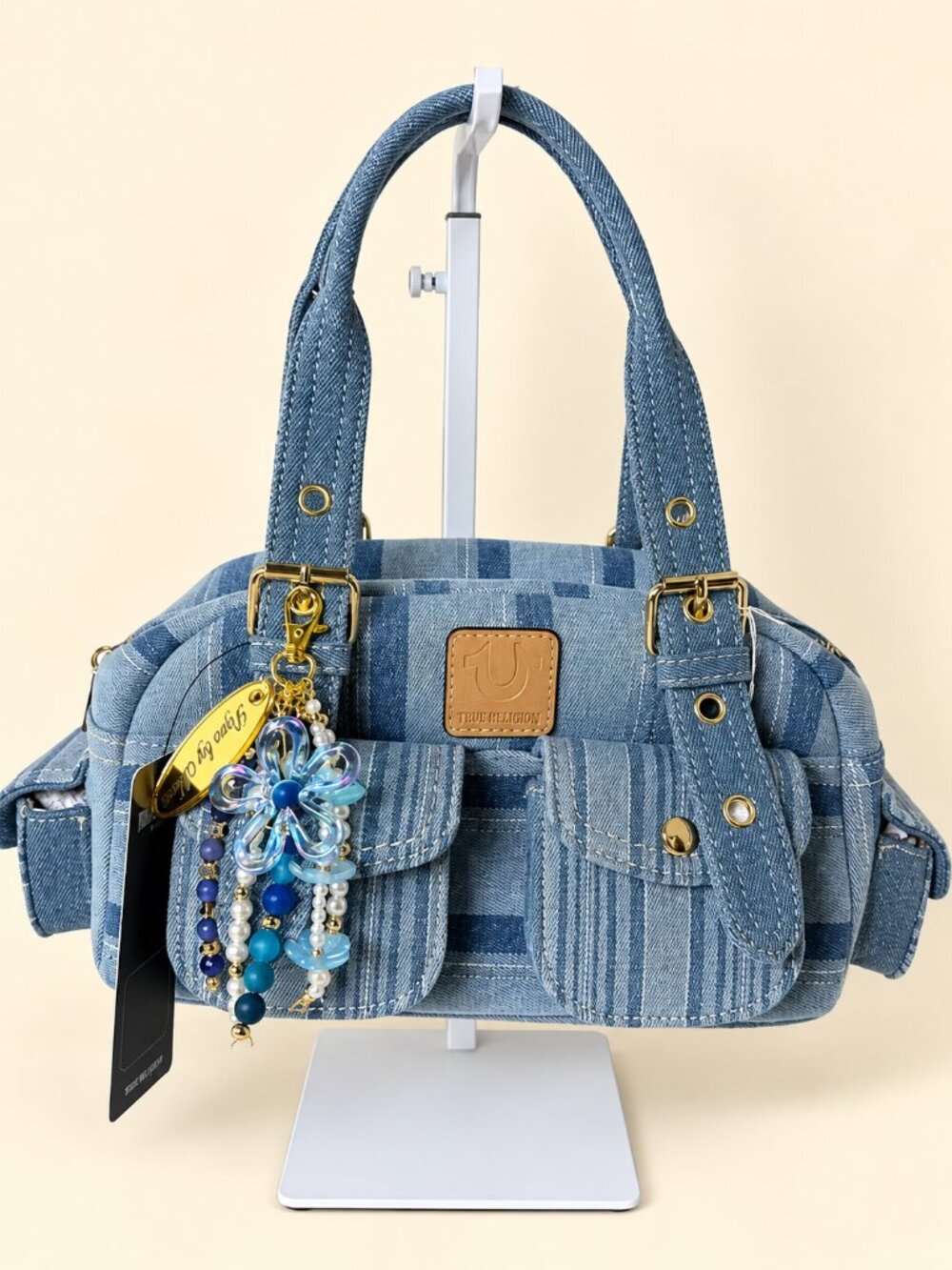True Religion Denim Shoulder Bag NWT with Handmade Pepa by Murr Bagcharm - Picture 1 of 9